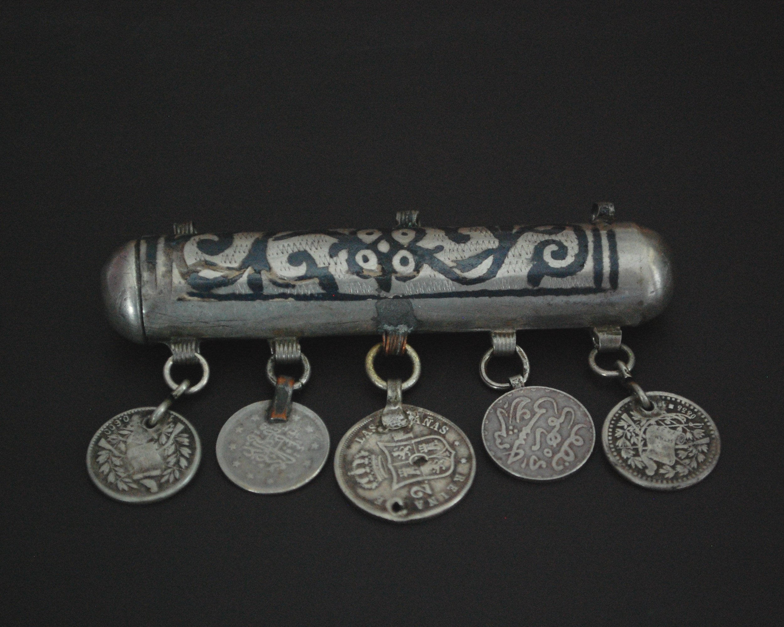 Antique Ottoman Niello Box Pendant with Coins