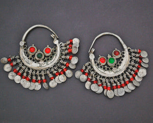 Afghani Hoop Earrings with Red Glass Tassels