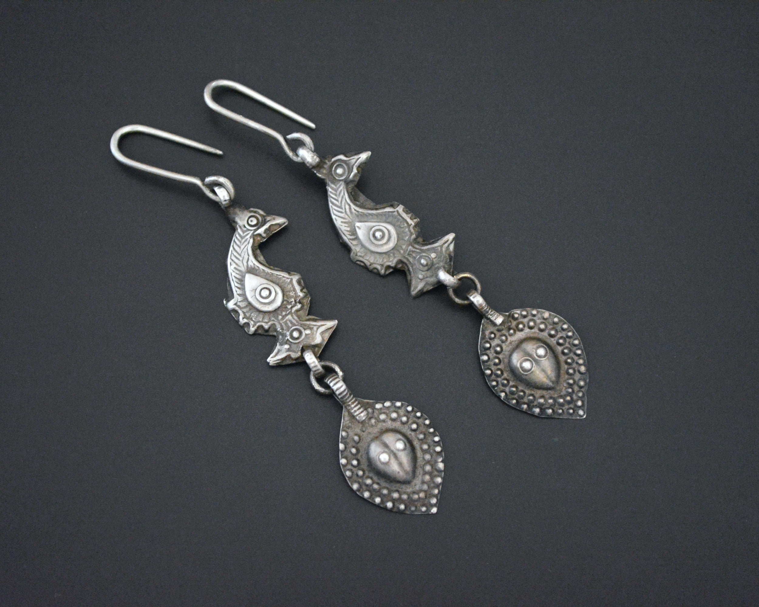 Old Uzbek Silver Dangle Earrings with Animal