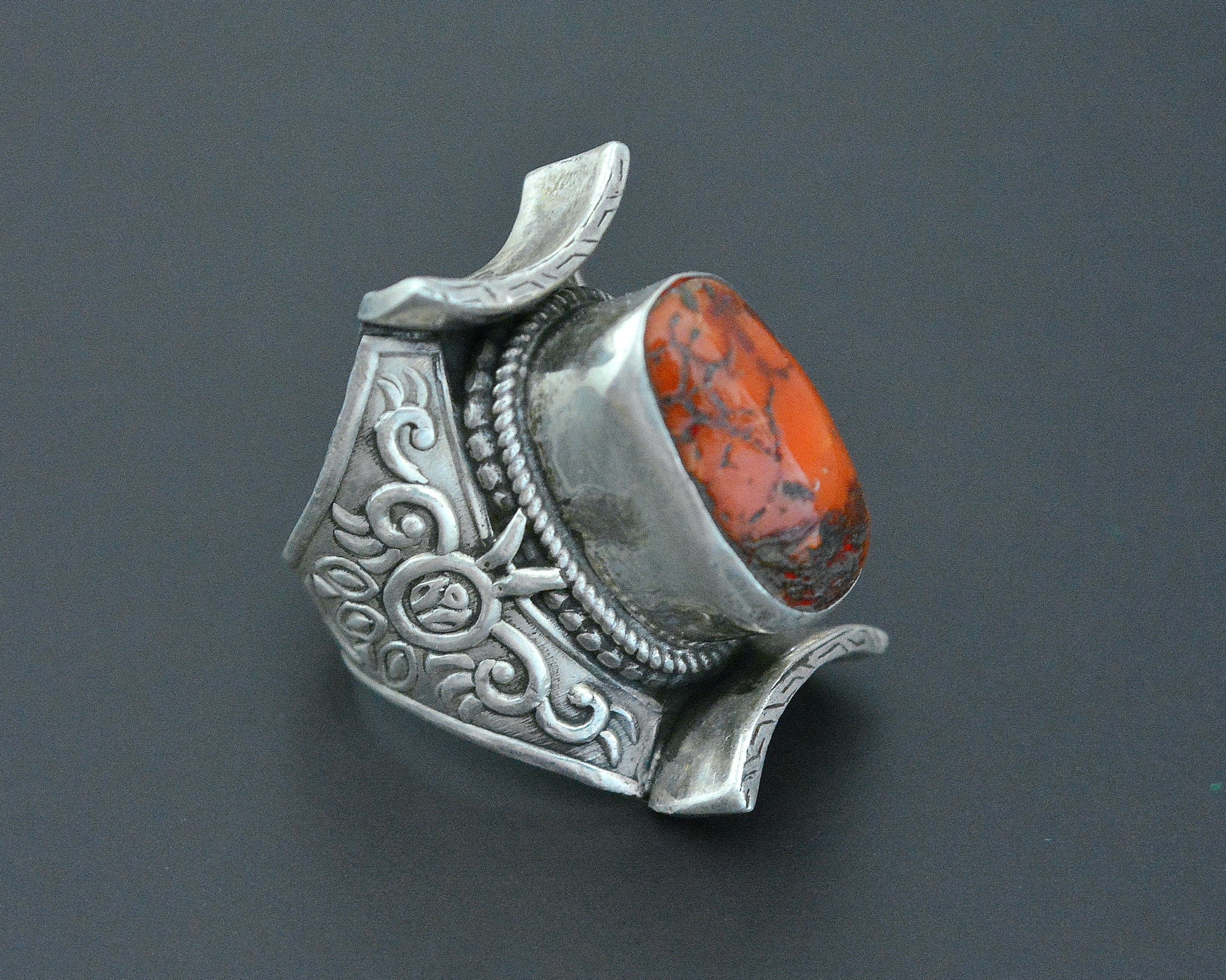Bold Nepali Coral Saddle Ring - Size 8.75