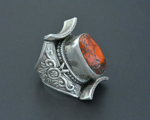 Bold Nepali Coral Saddle Ring - Size 8.75