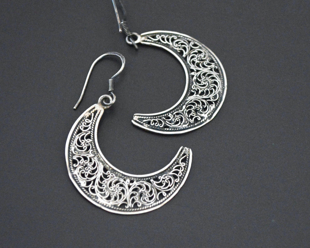 Crescent Moon Dangle Earrings with Filigree Work