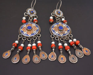 Huge Uzbek Enamelled Lapis Dangle Earrings