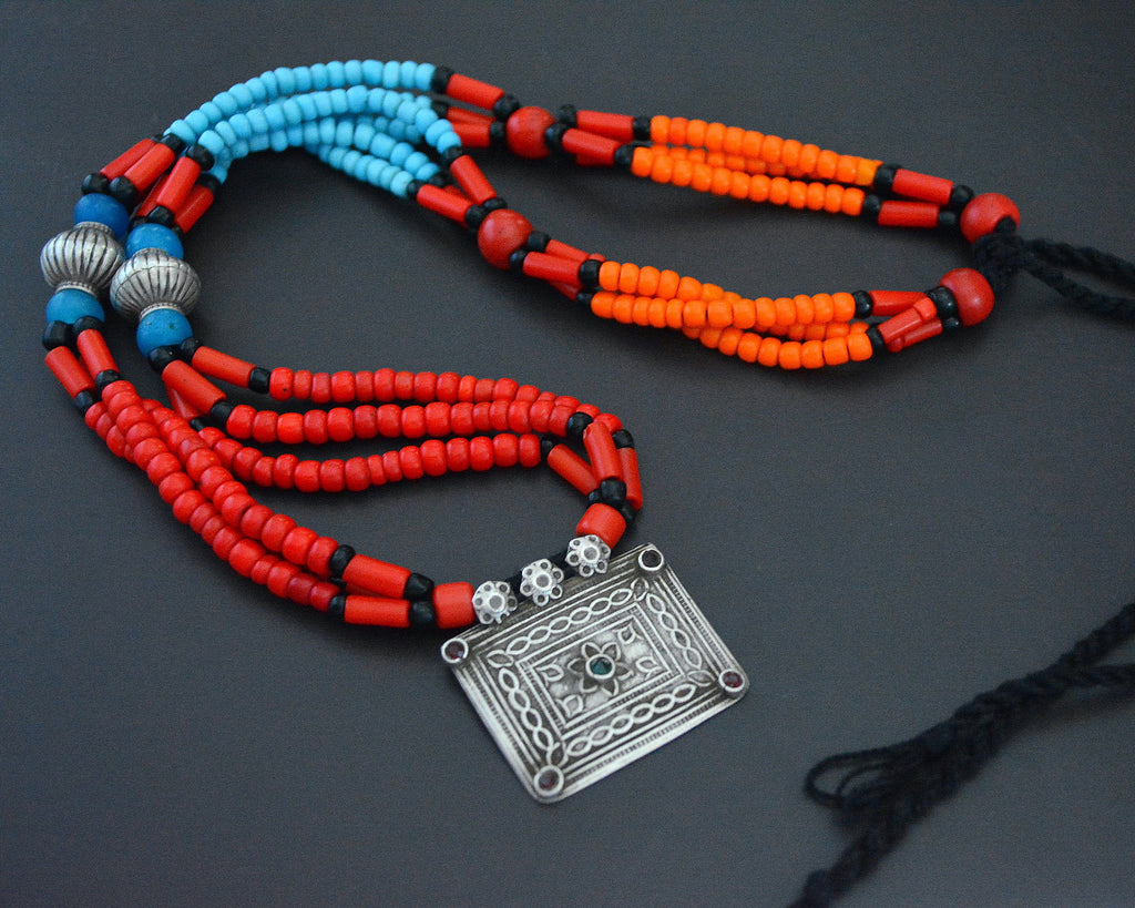 Afghani Pendant and Glass Beads Necklace