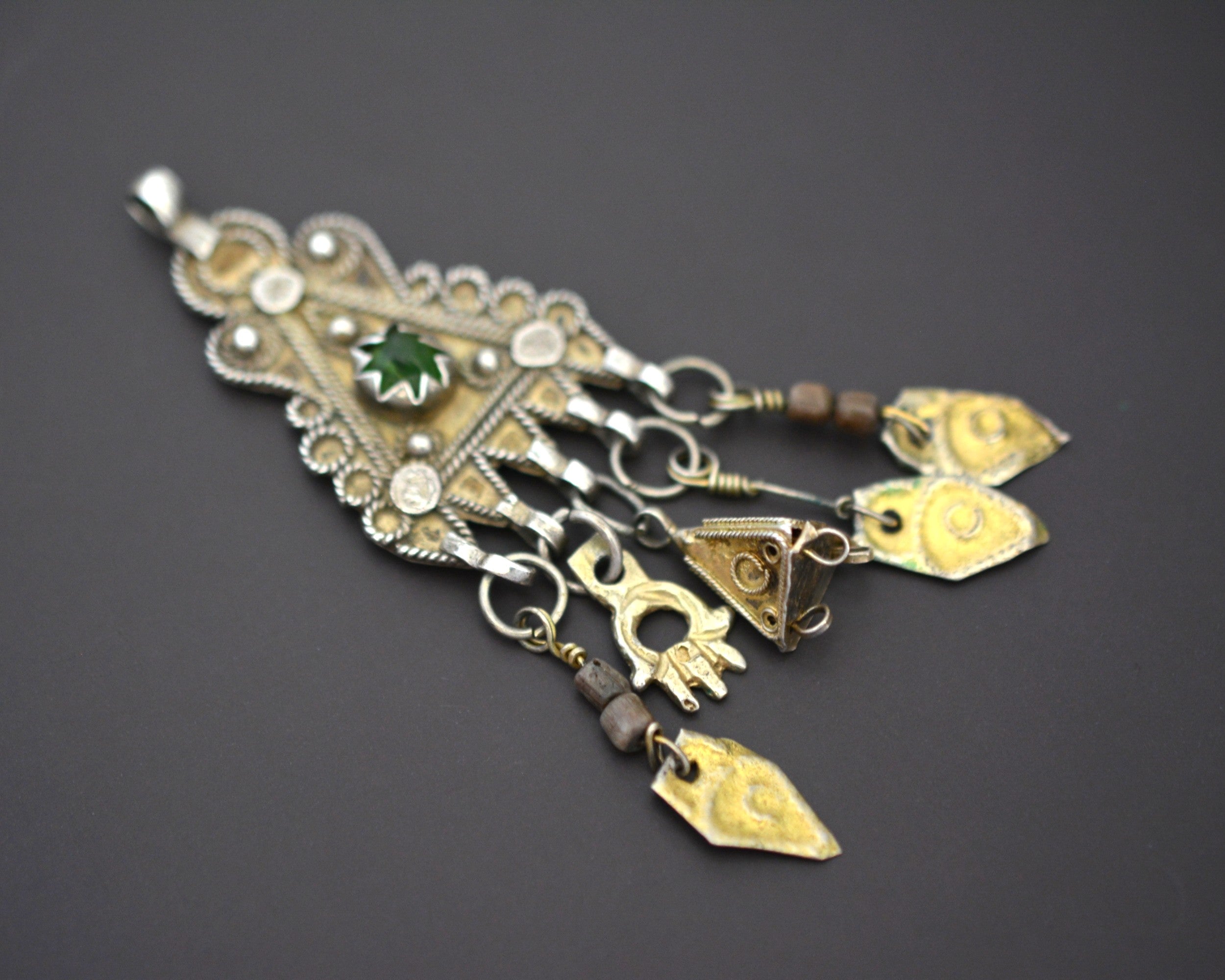 Tunisian Silver Gilded Berber Pendant with Green Glass and Dangles