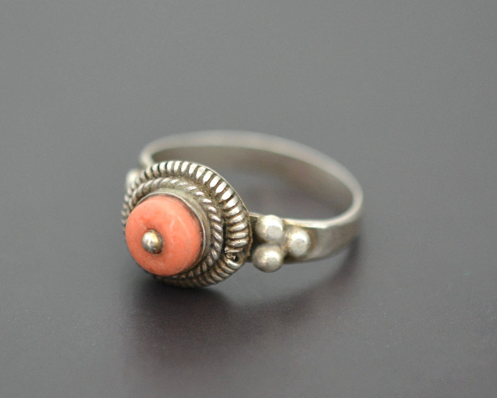 Yemeni Coral Silver Ring - Size 7.5