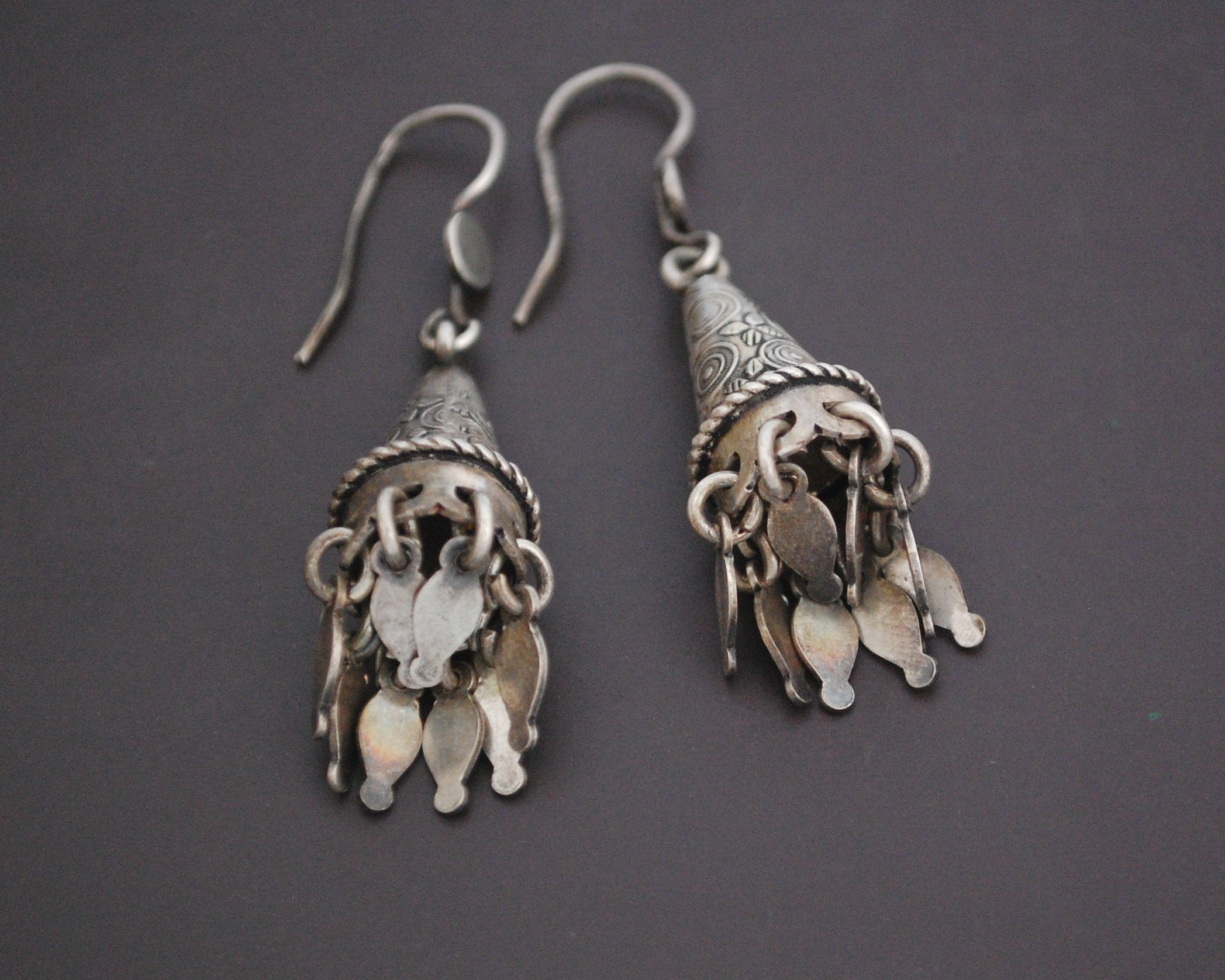 Rajasthani Silver Carved Earrings with Dangles