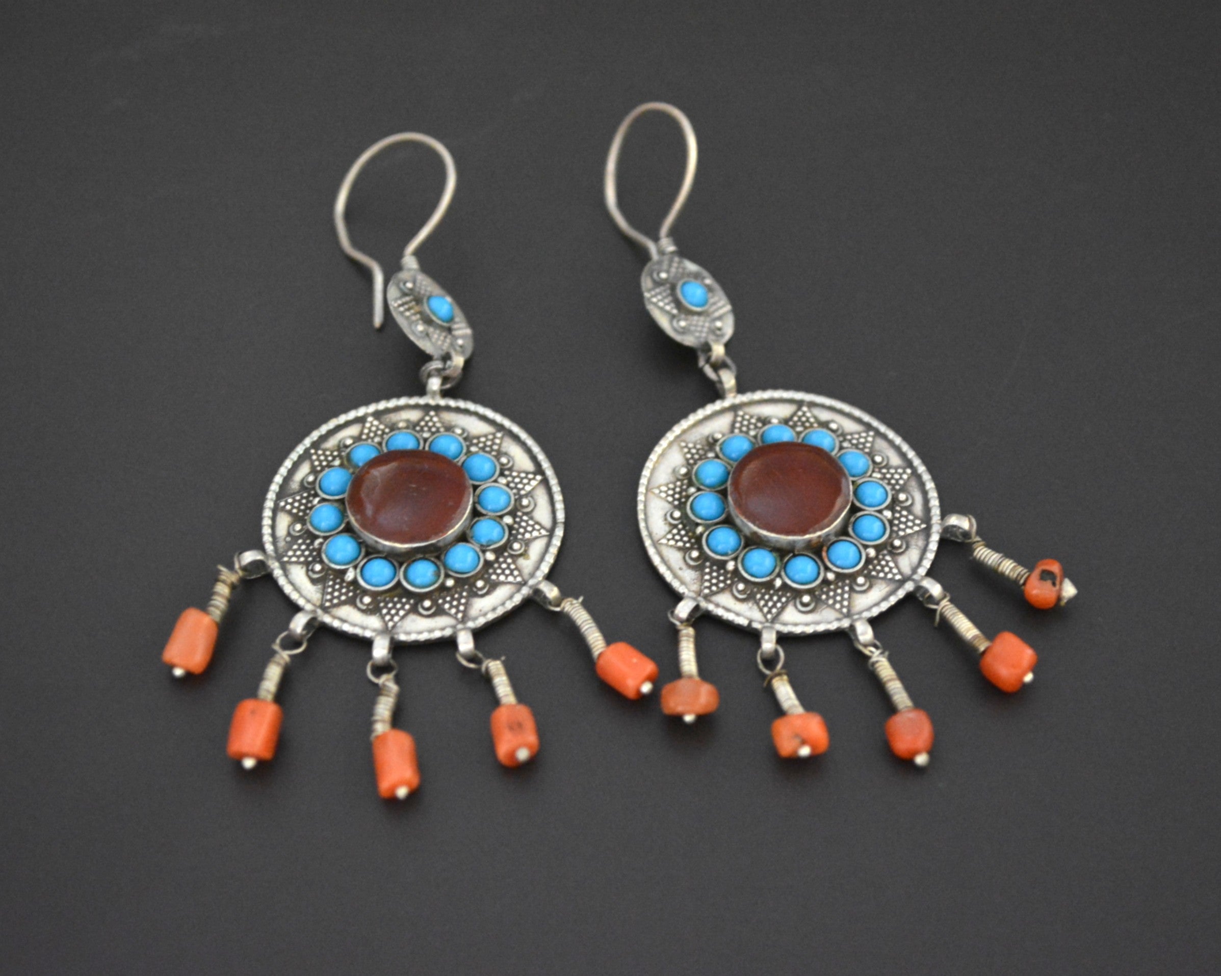 Turkmen Earrings with Carnelian, Turquoise and Coral