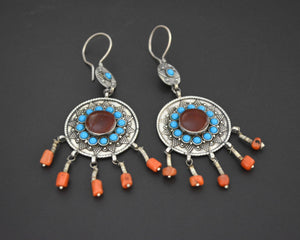 Turkmen Earrings with Carnelian, Turquoise and Coral