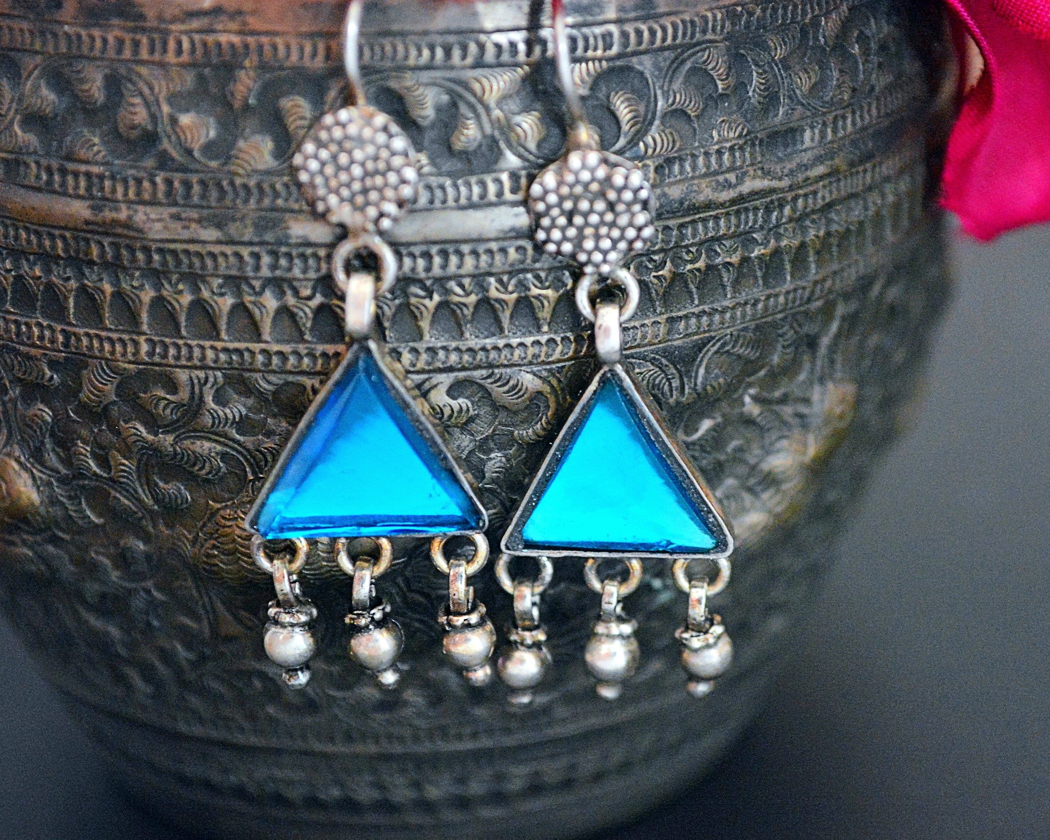 Rajasthani Earrings with Blue Glass and Bells