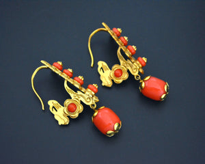 Tibetan Gilded Earrings with Faux Coral