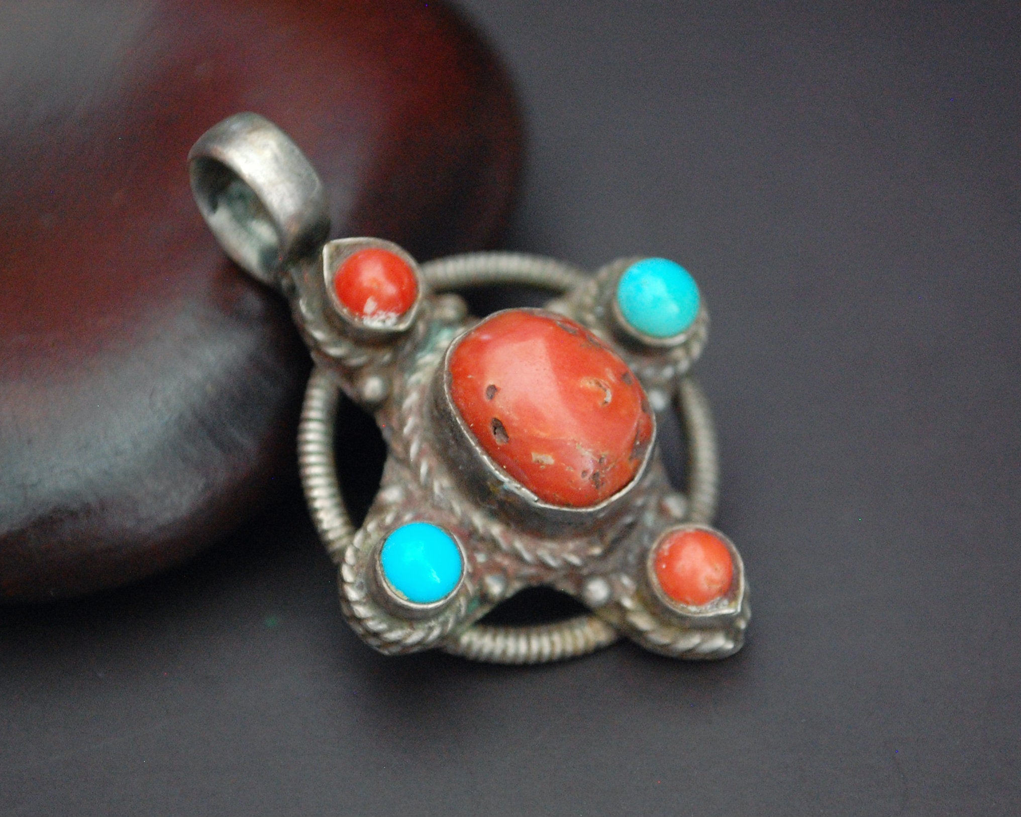 Tibetan Coral and Turquoise Pendant