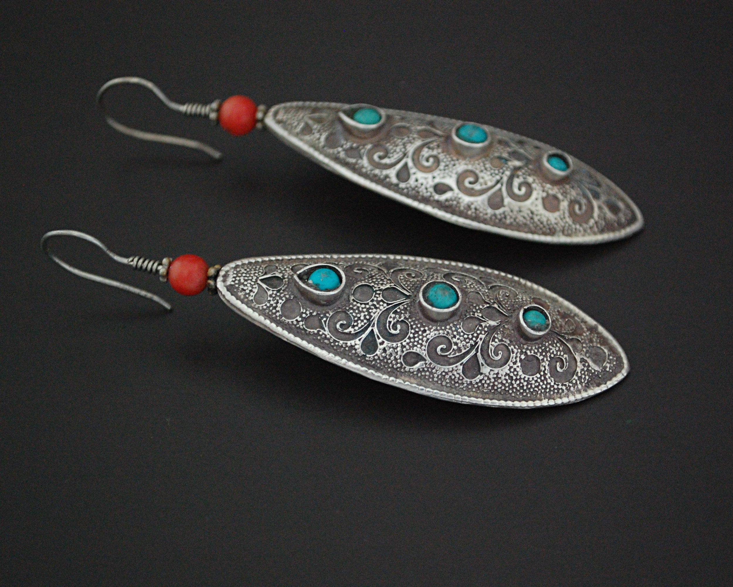 Ethnic Coral Turquoise Long Earrings