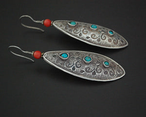 Ethnic Coral Turquoise Long Earrings