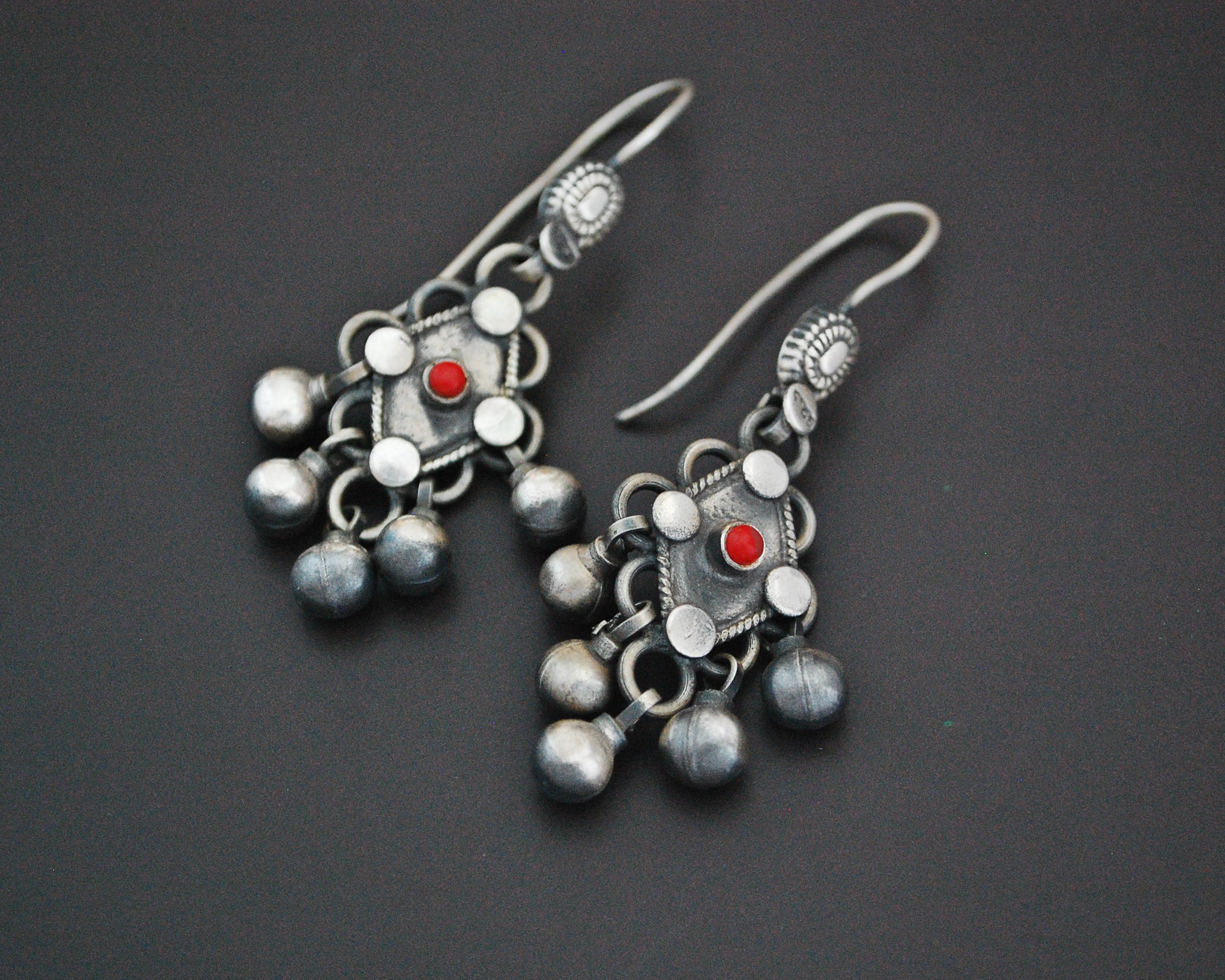 Rajasthani Coral Silver Earrings with Bells