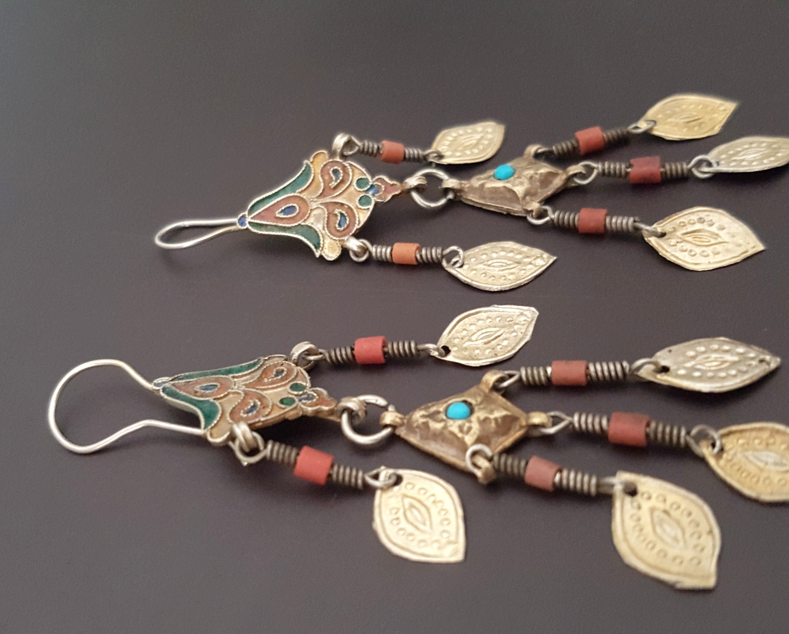 Gilded Uzbek Coral Turquoise Earrings with Enamel