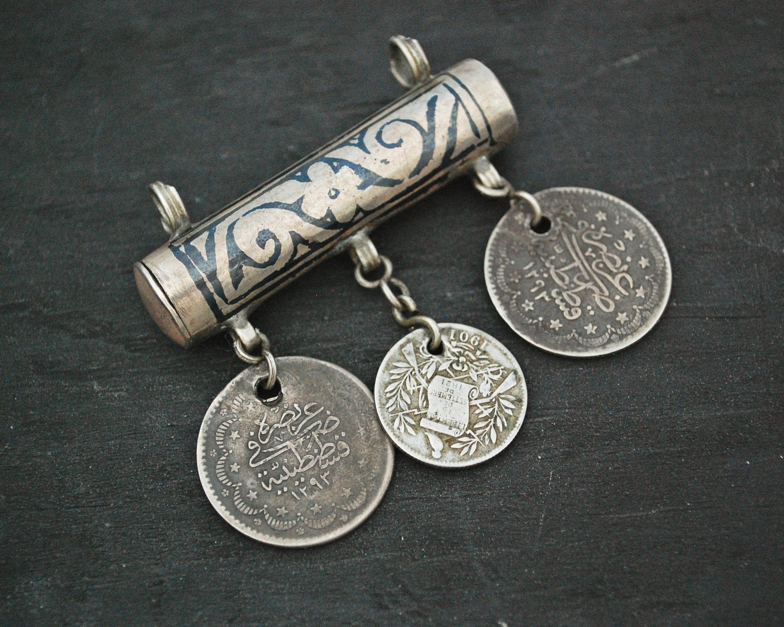Antique Ottoman Niello Pendant with Coins