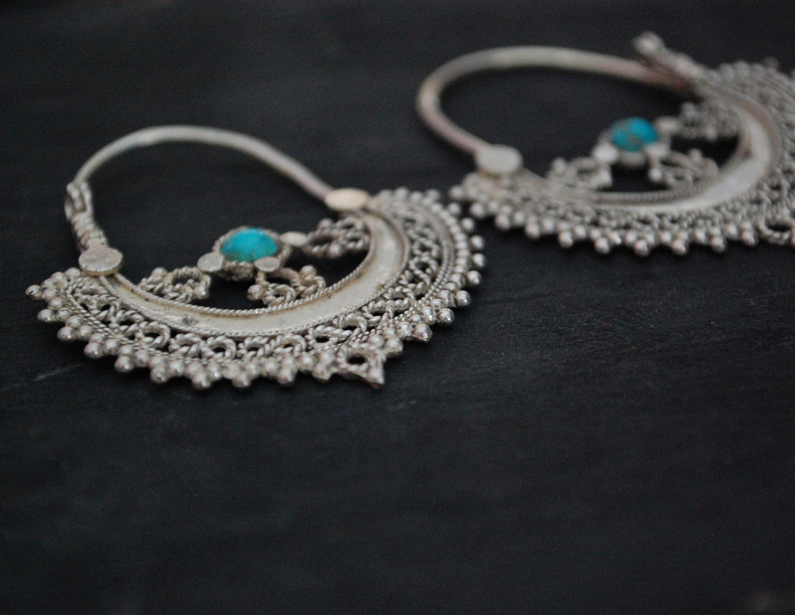 Antique Afghani Hoop Earrings with Turquoise