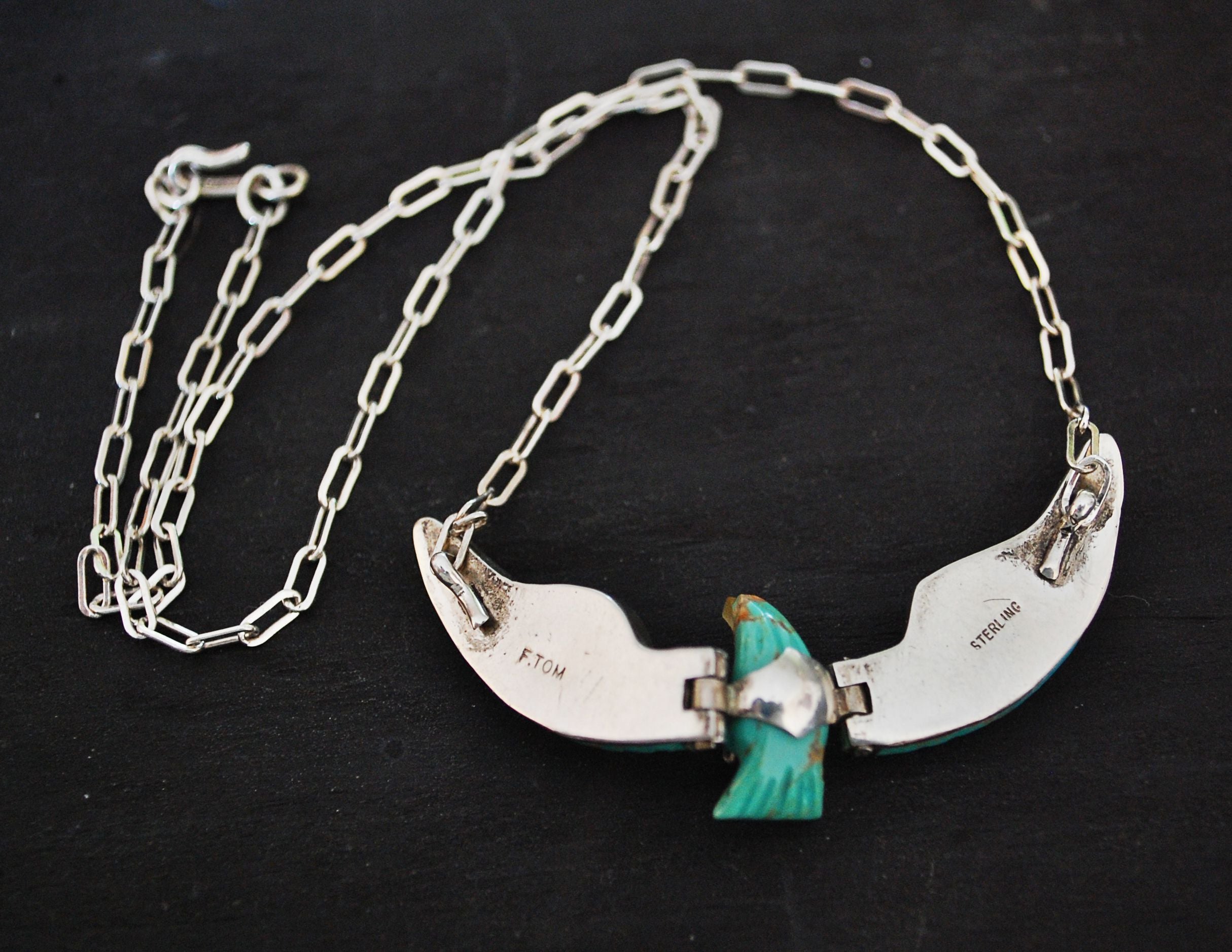 Navajo Turquoise Eagle Necklace - Signed F. Tom