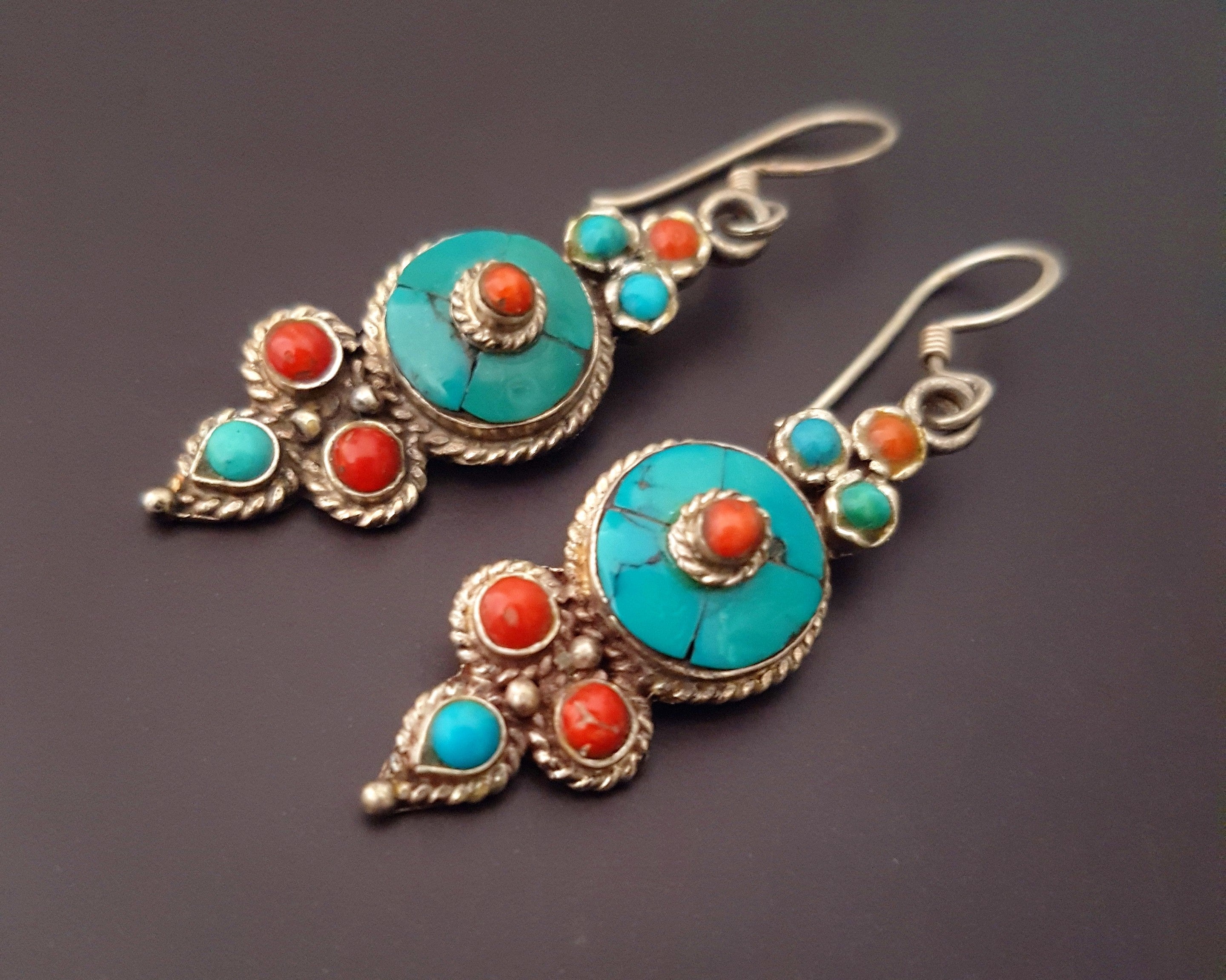 Reserved E._Nepali Tibetan Coral Turquoise Earrings