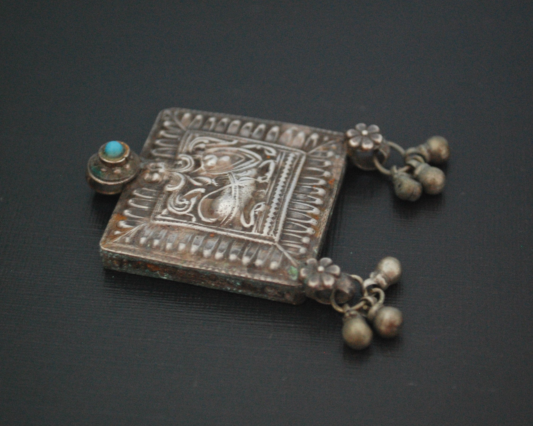 Rajasthani Silver Box Pendant with Turquoise and Bells