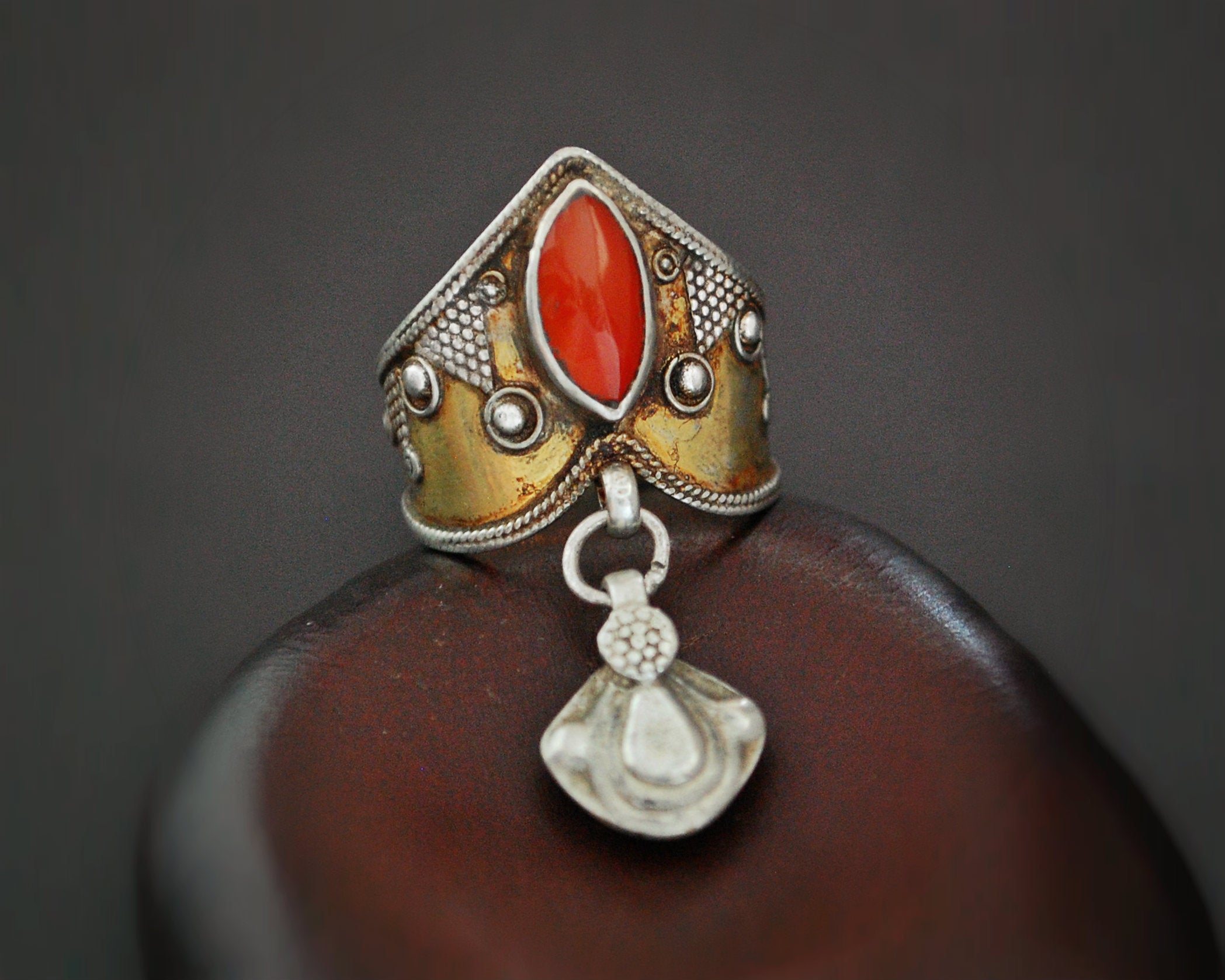 Vintage Kazakh Carnelian Gilded Silver Ring - Size 9.5+