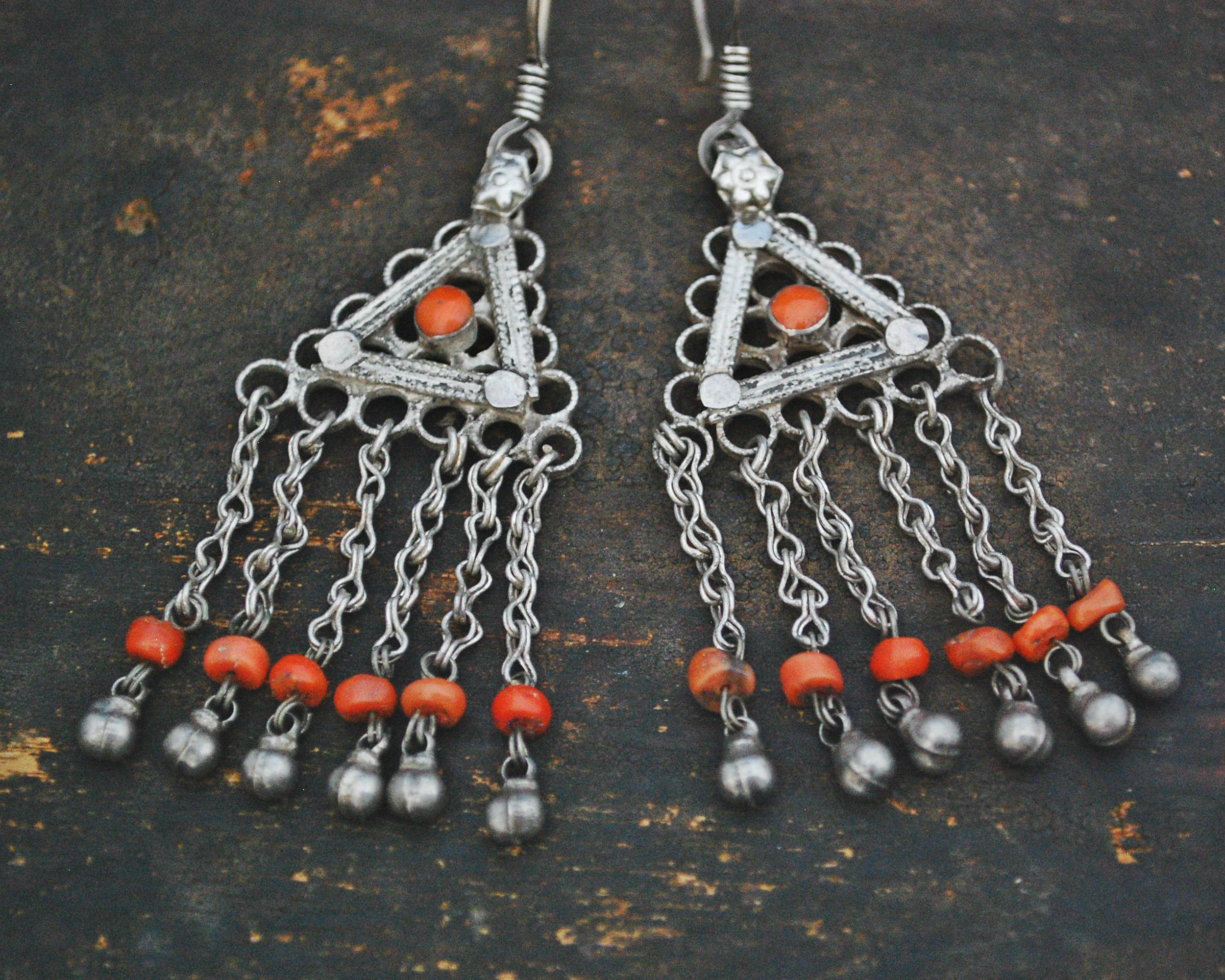 Uzbek Coral Earrings with Bell Dangles