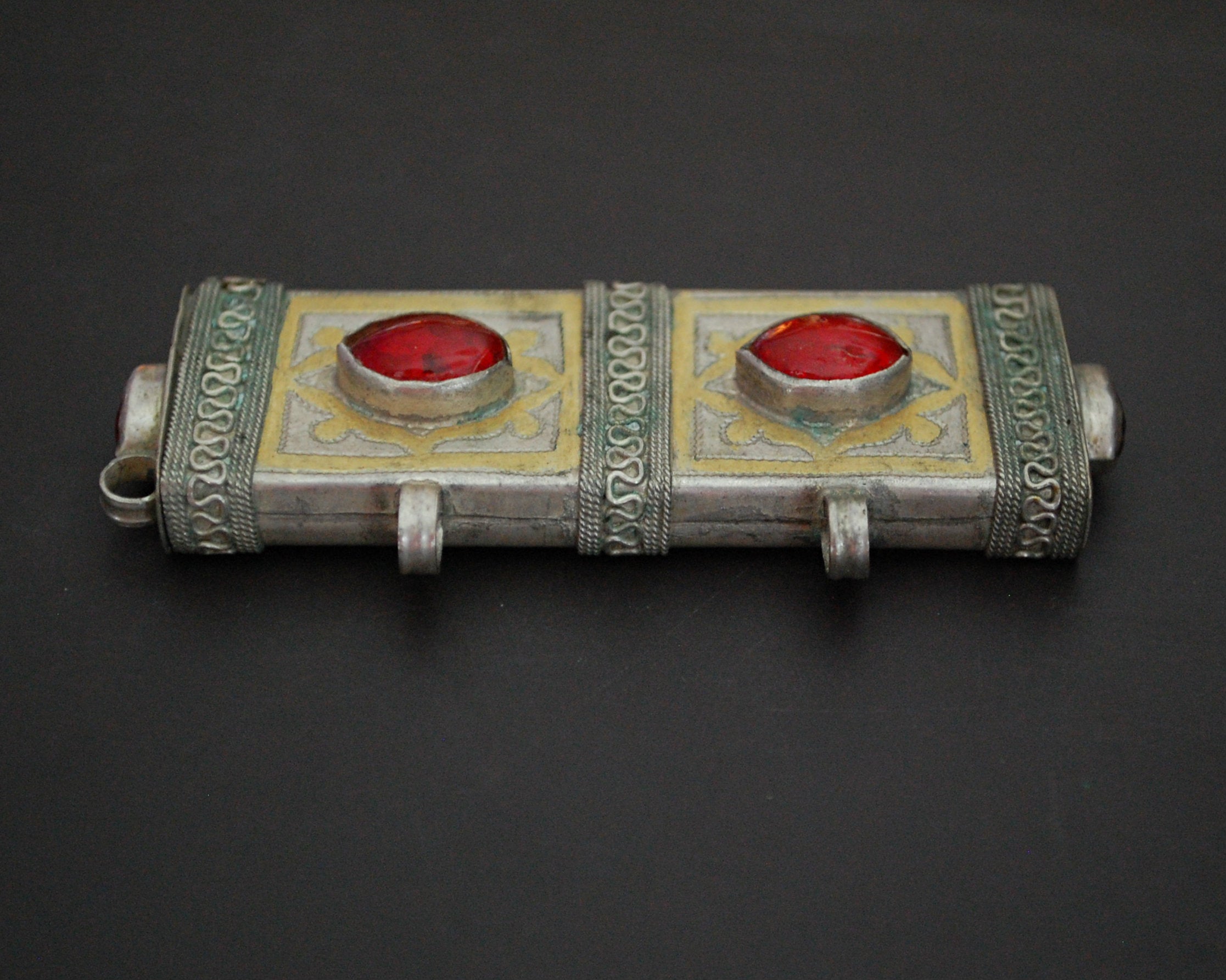 Turkmen Gilded Box Pendant with Red Glass