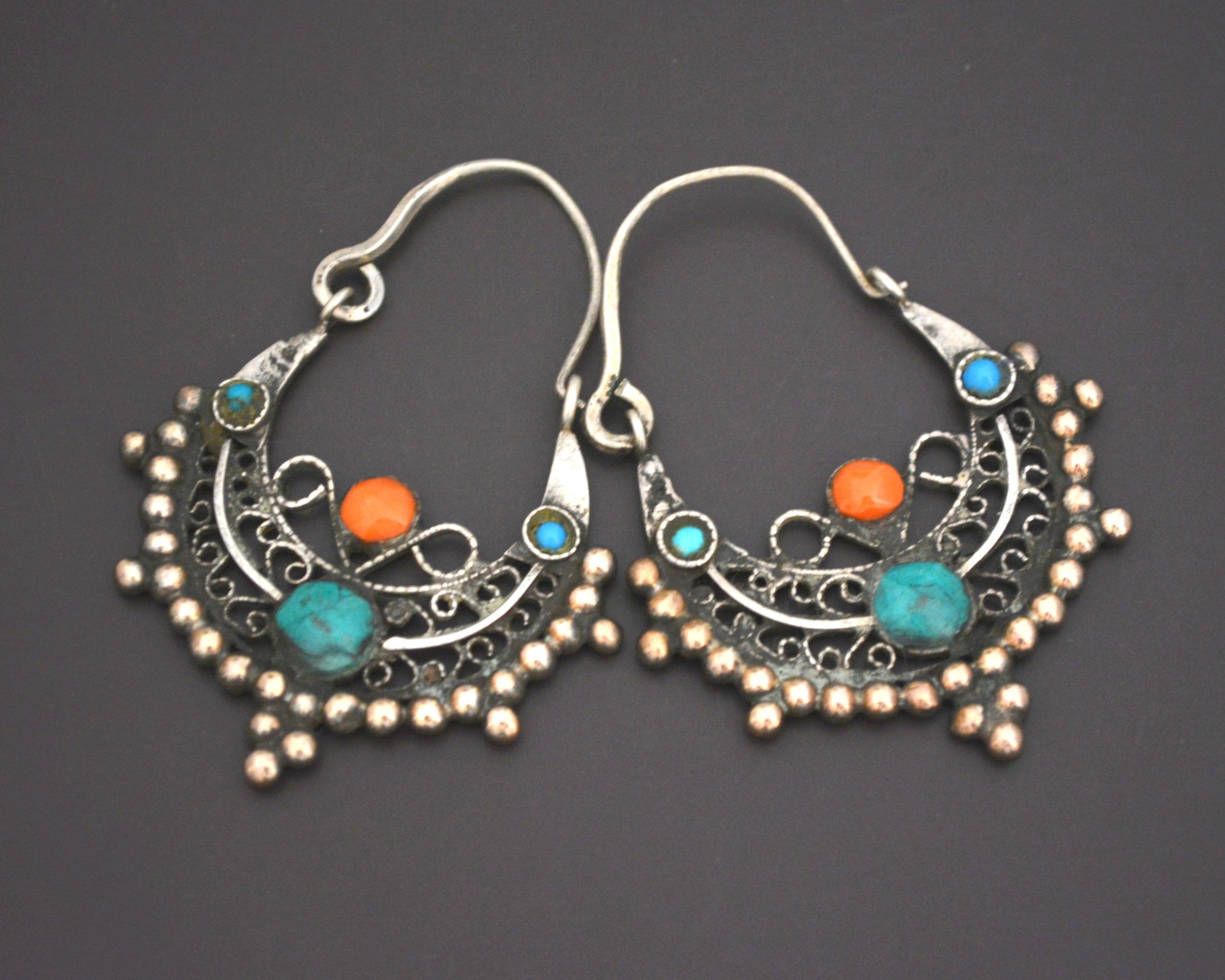 Afghani Hoop Earrings with Turquoise and Coral