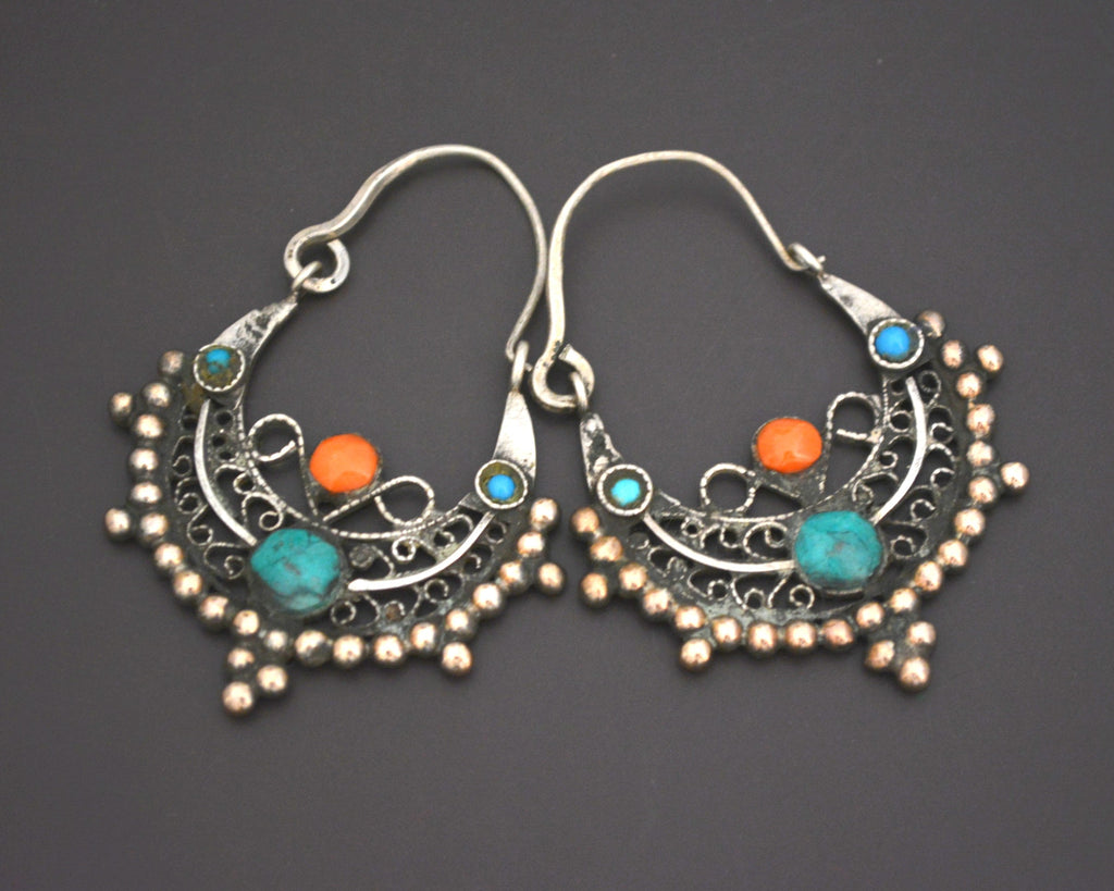 Afghani Hoop Earrings with Turquoise and Coral