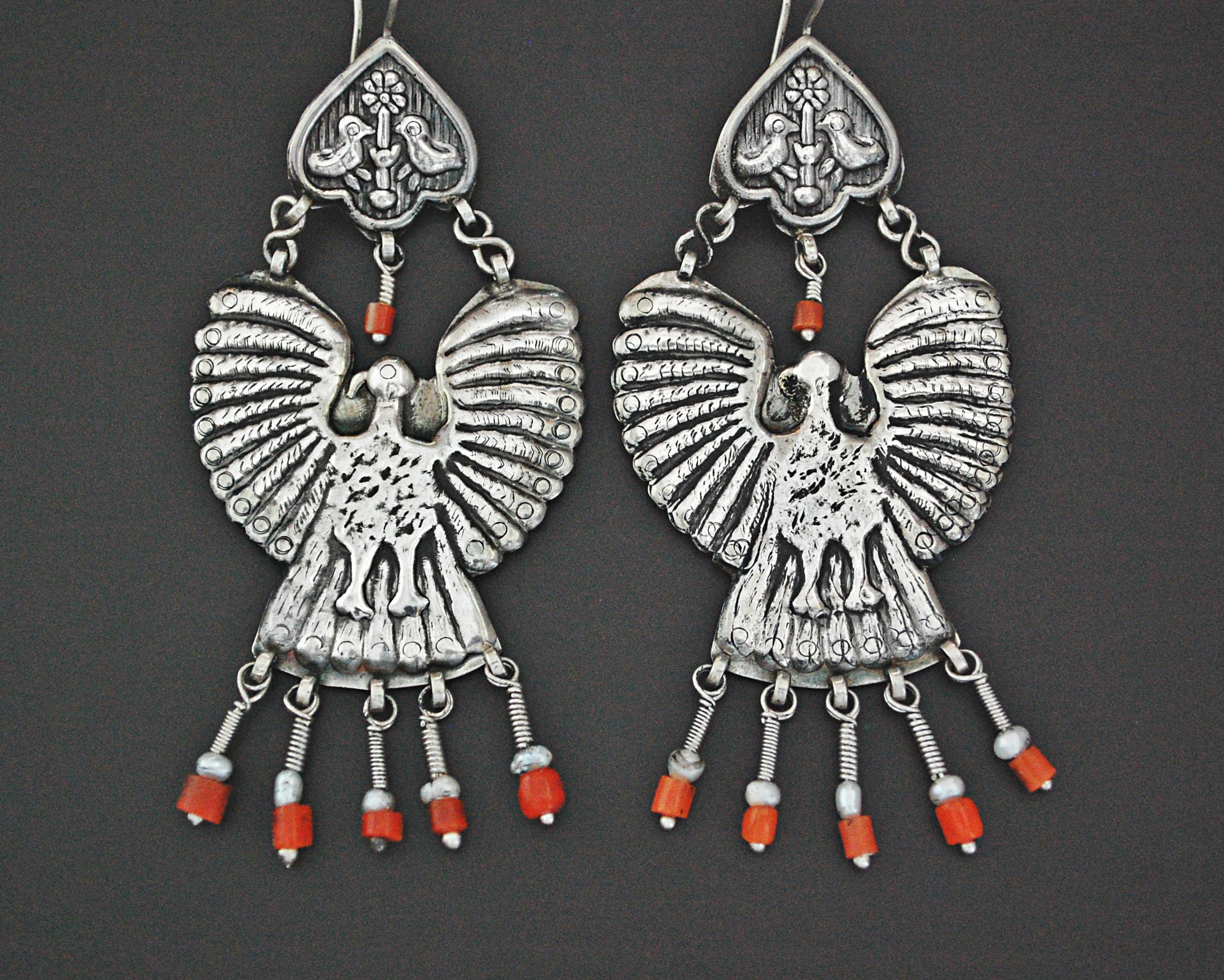 Uzbek Coral Earrings with Bird
