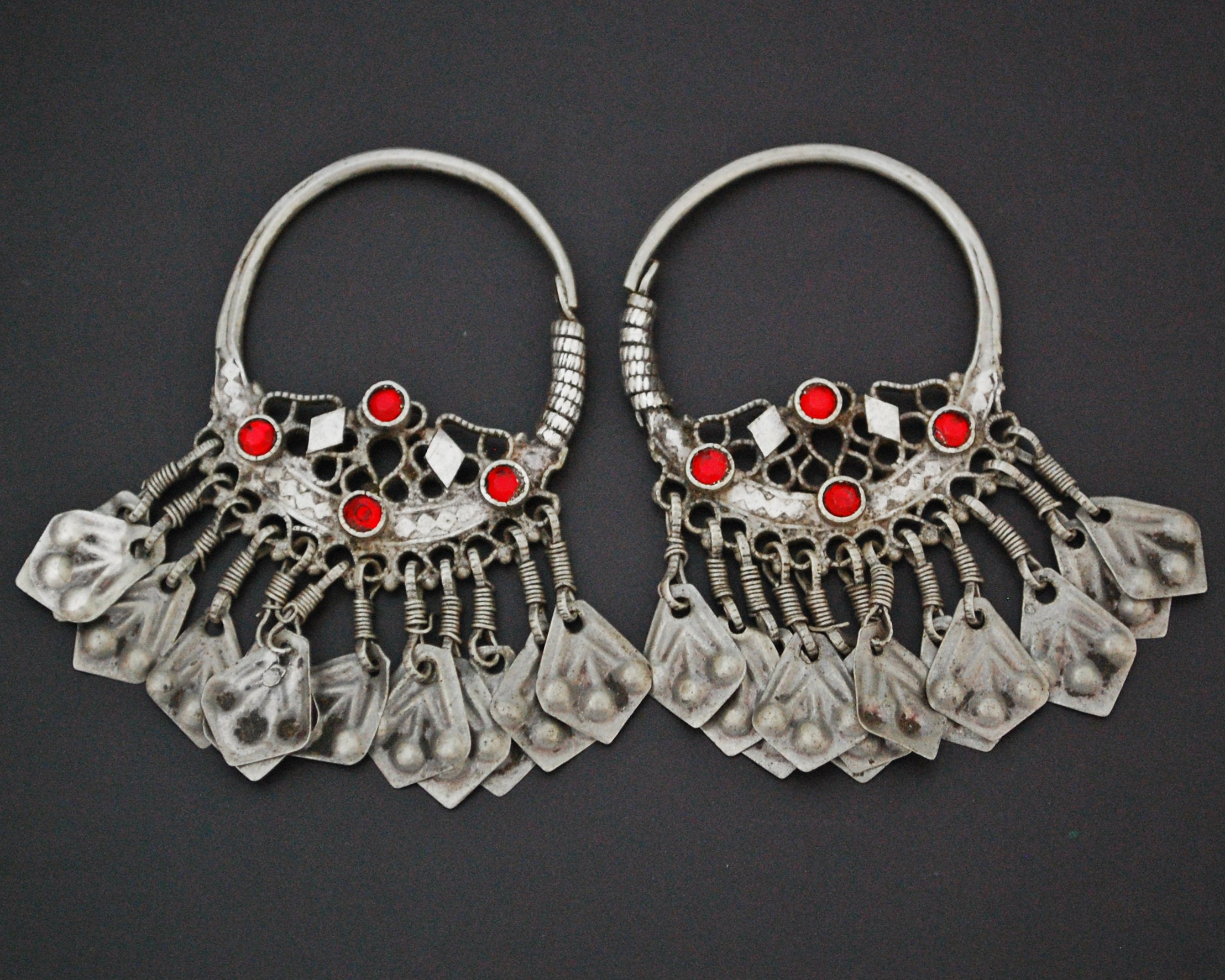 Afghani Hoop Earrings with Tassels and Red Glass