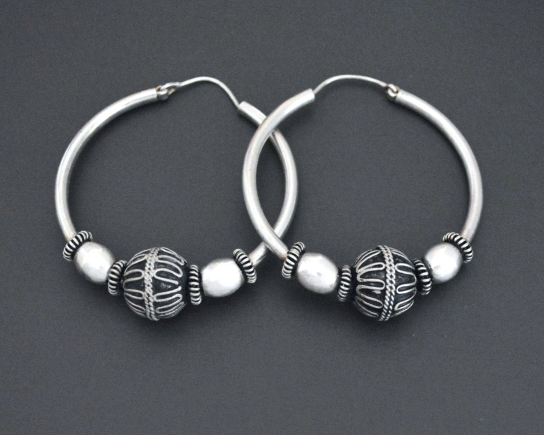 Large Ethnic Bali Hoop Earrings with Wire Work and Bead