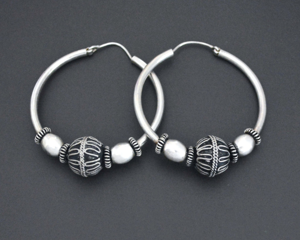 Large Ethnic Bali Hoop Earrings with Wire Work and Bead