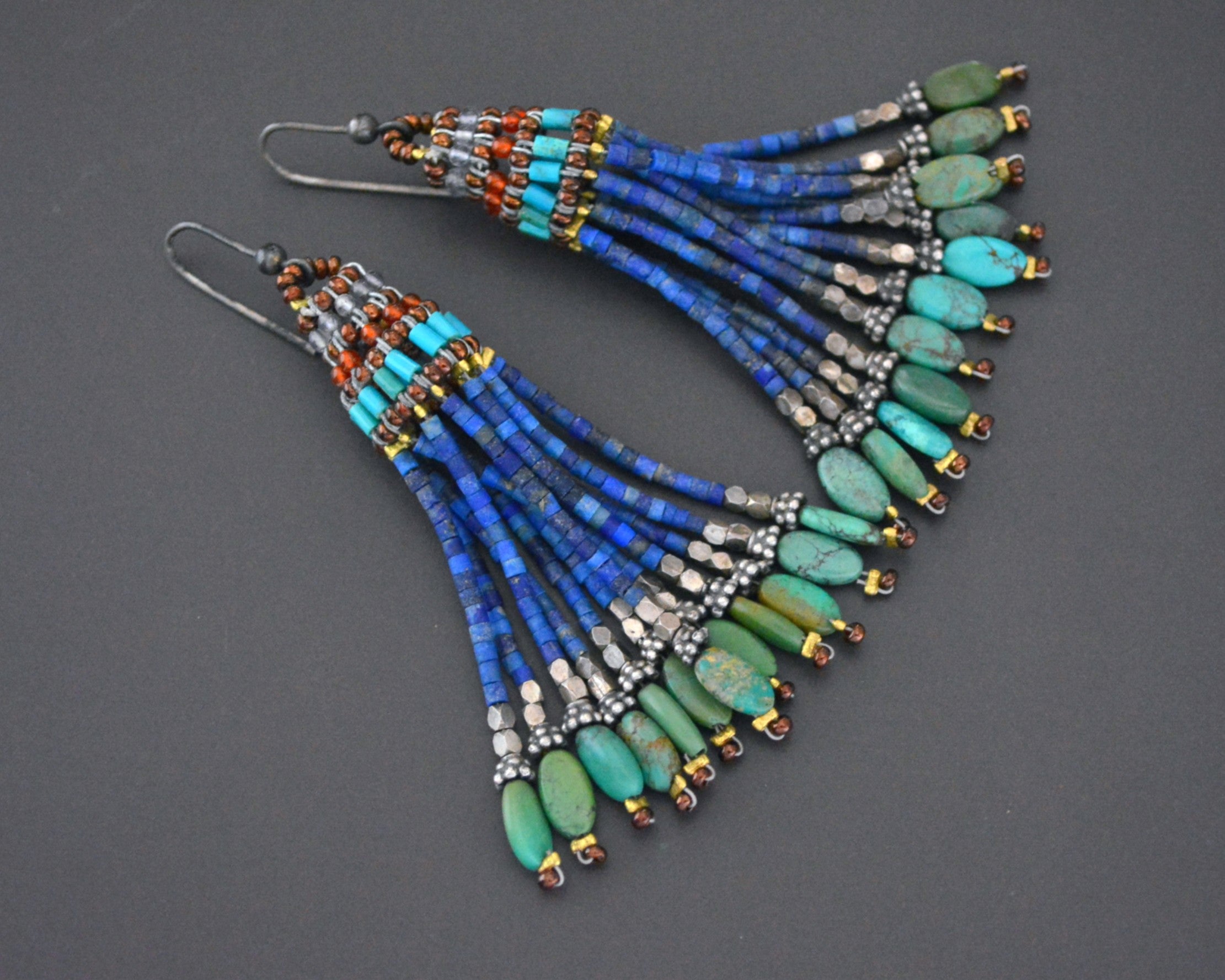 Beaded Tassel Earrings with Turquoise and Lapis Lazuli
