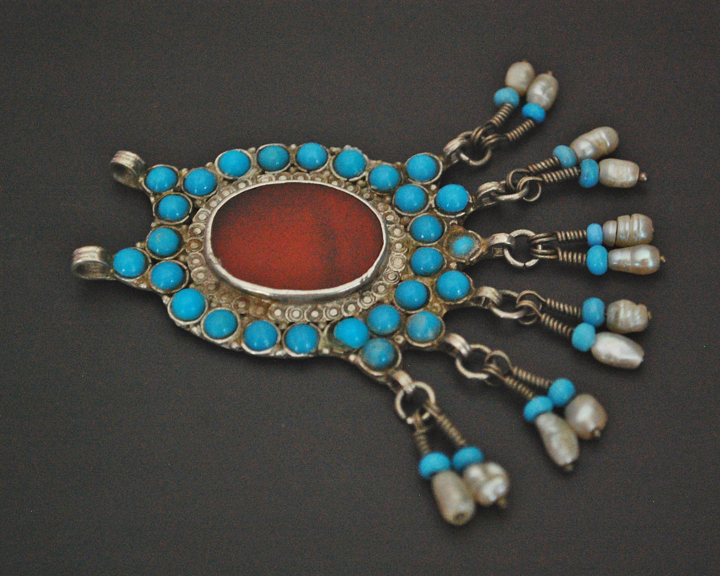 Afghani Carnelian Pendant with Turquoise and Pearls -