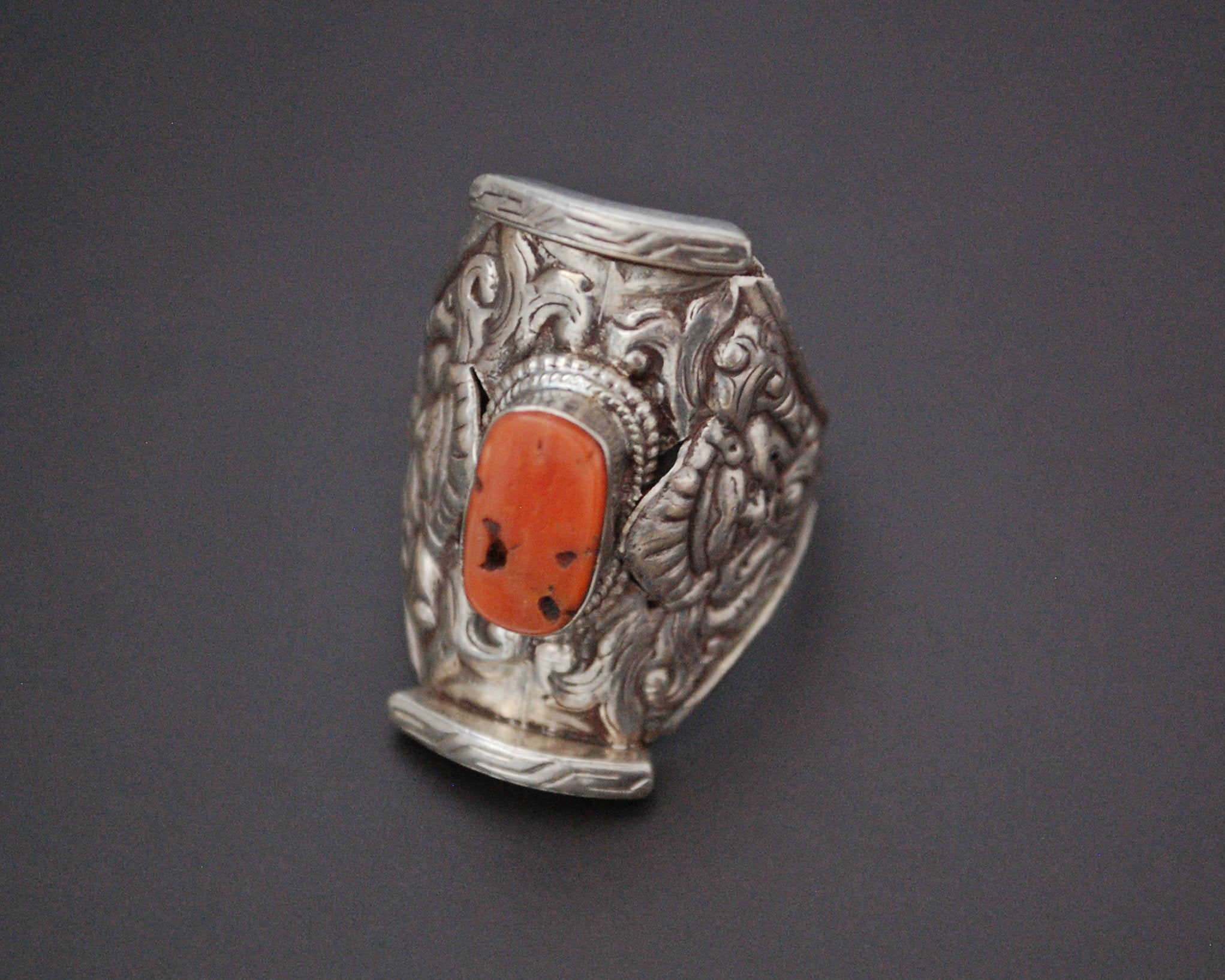 Large Tibetan Coral Saddle Ring - Size 12.5