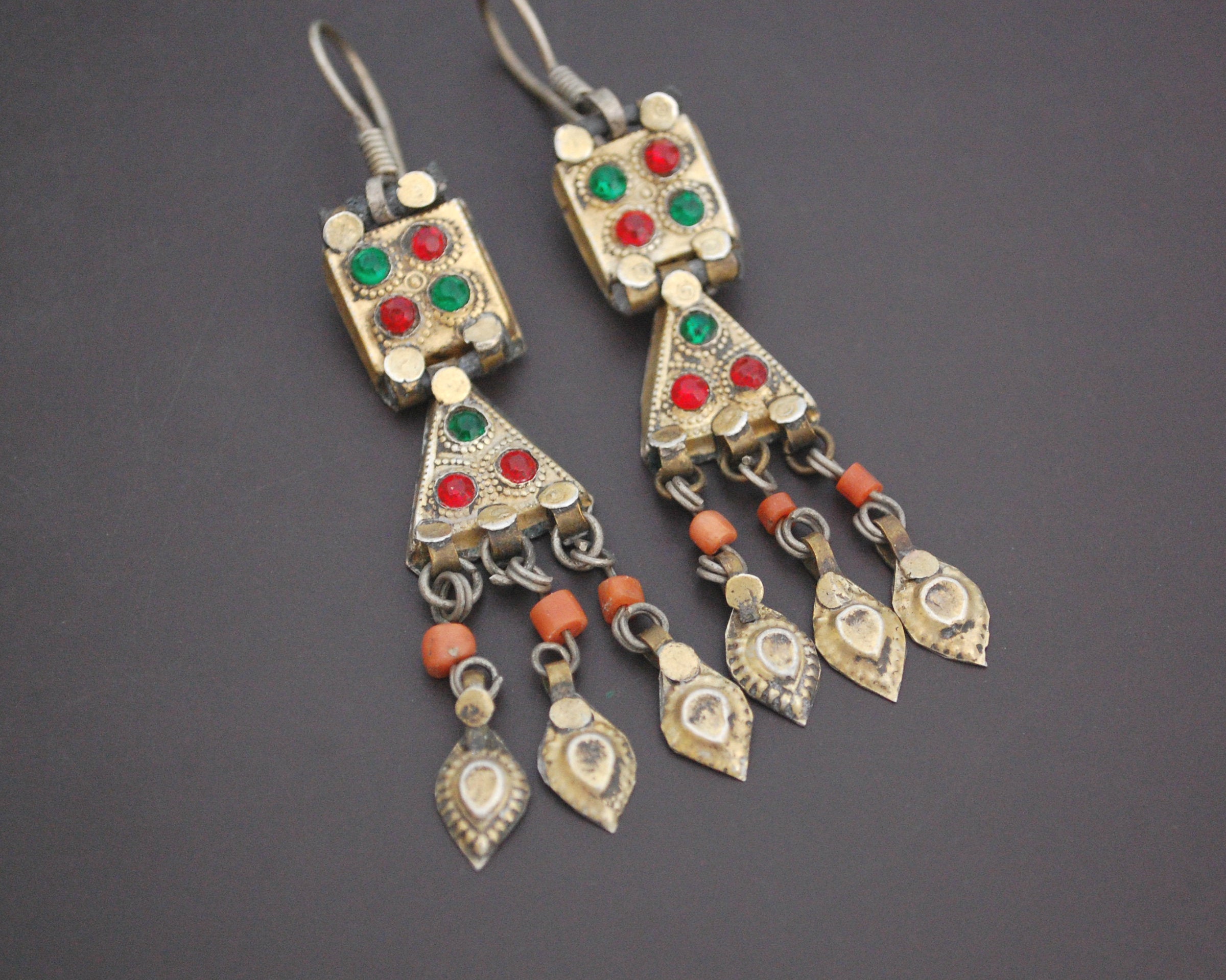 Uzbek Gilded Coral and Glass Earrings