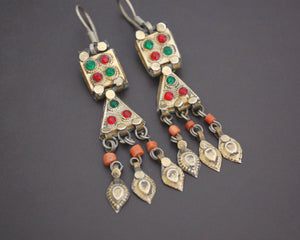 Uzbek Gilded Coral and Glass Earrings