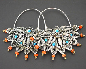 Uzbek Coral Turquoise Filigree Hoop Earrings