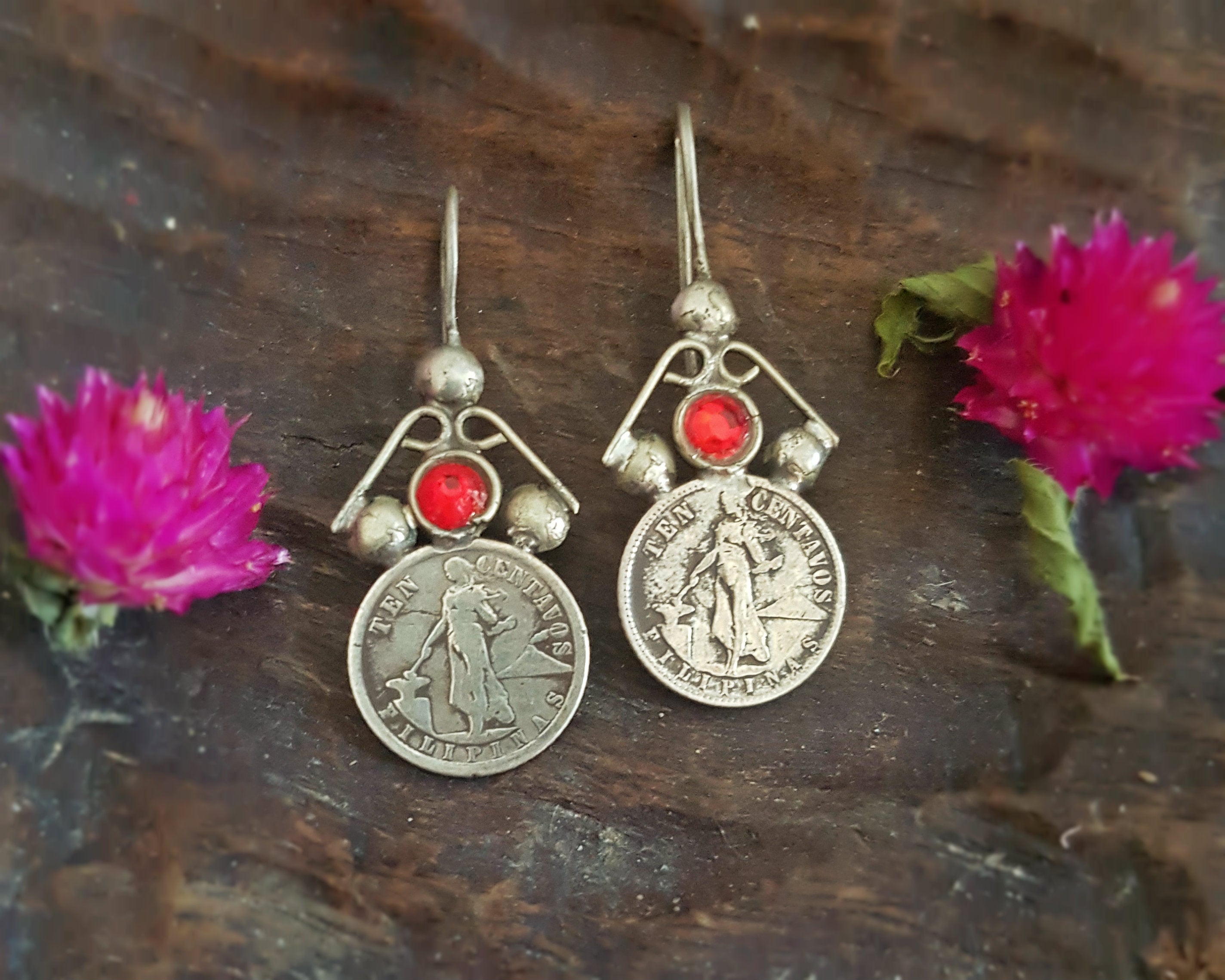 Old Berber Coin Earrings with Red Glass