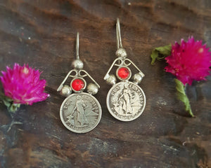 Old Berber Coin Earrings with Red Glass