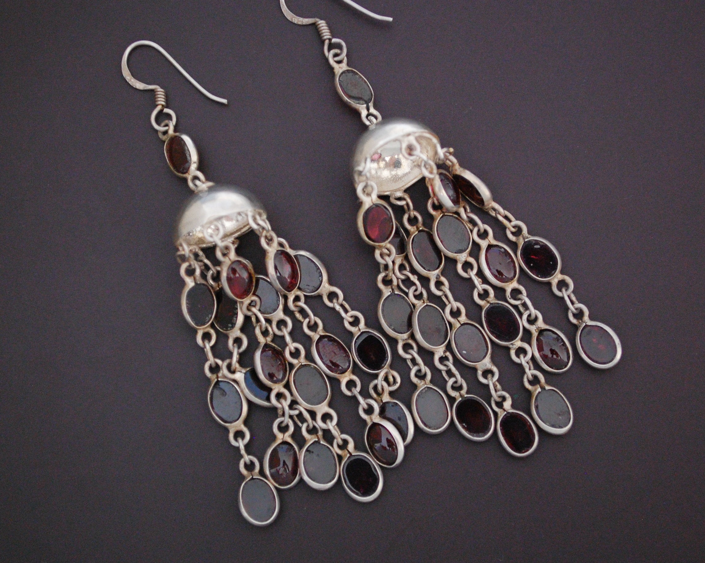 Long Indian Dangle Earrings with Garnet