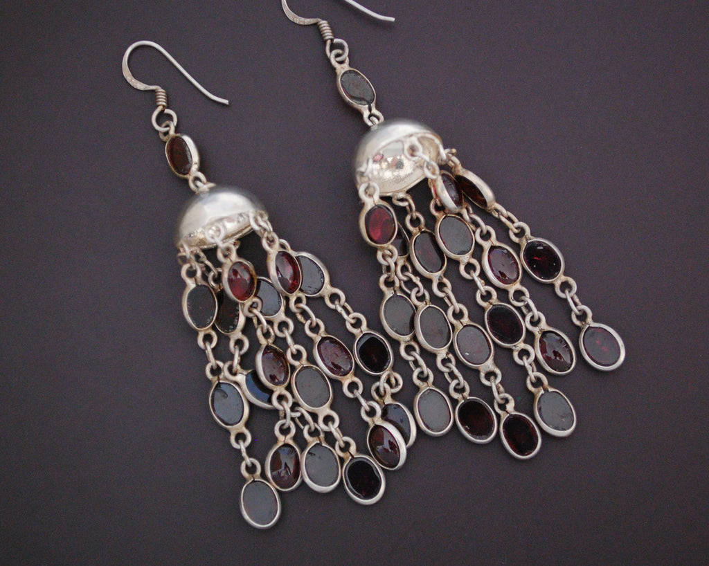 Long Indian Dangle Earrings with Garnet