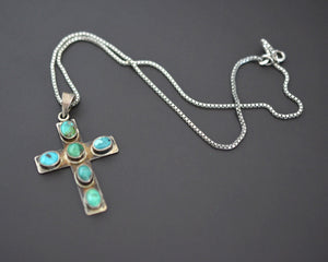 Turquoise Cross Pendant on Silver Chain