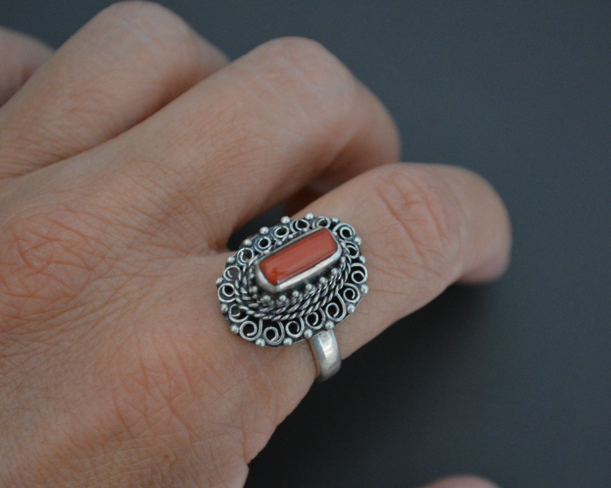 Vintage Nepali Coral Ring - Size 8 & 8.75
