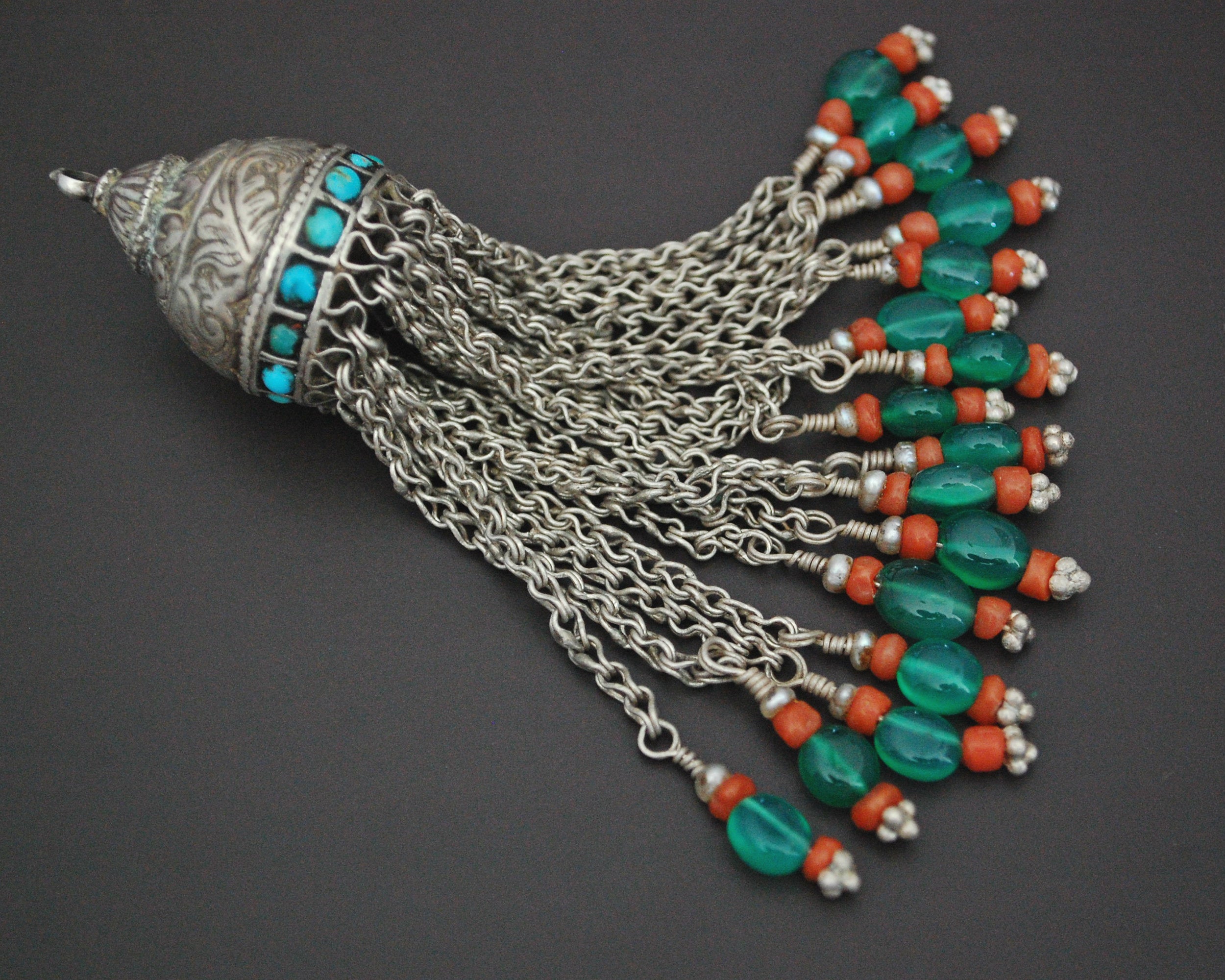 Old Uzbek Turquoise and Coral Tassel Pendant