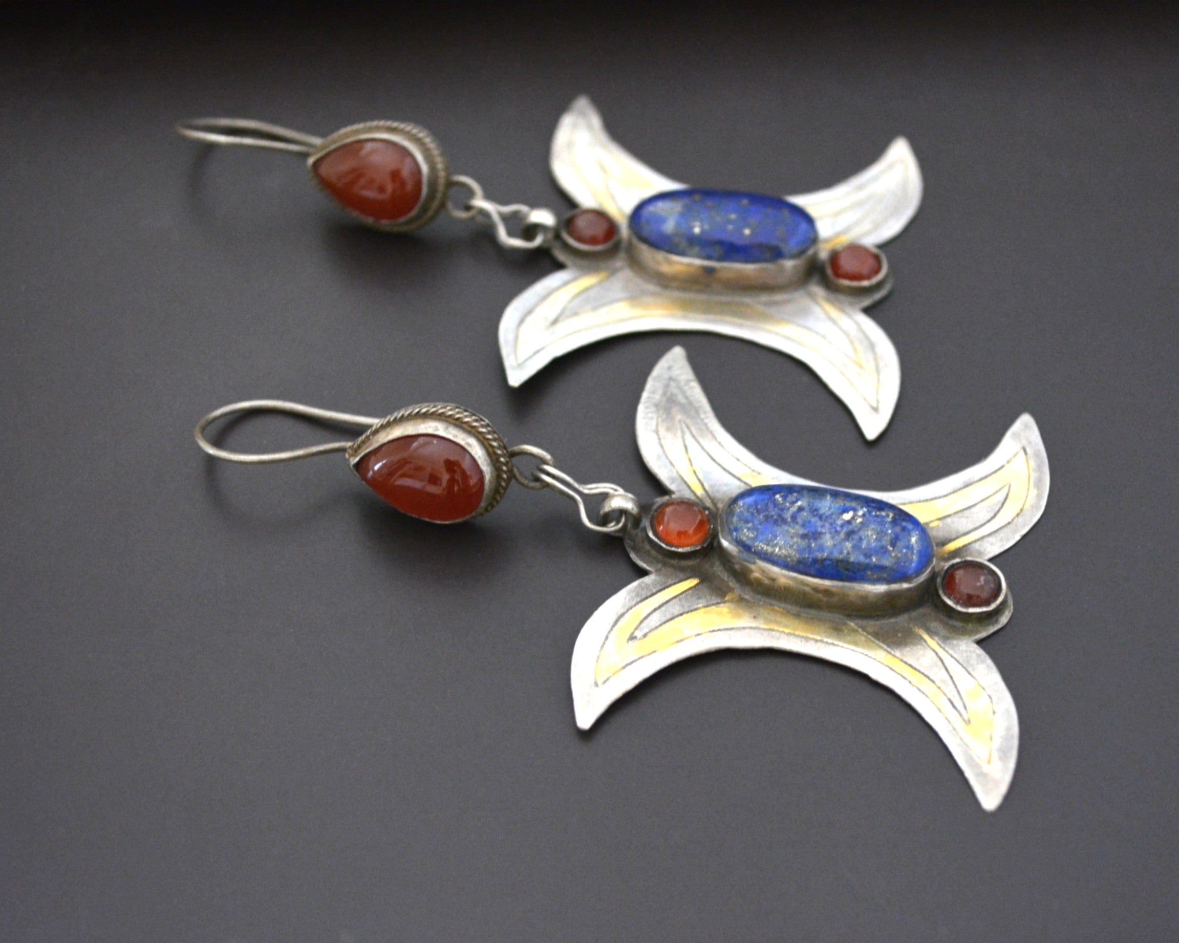 Huge Gilded Turkmen Earrings with Lapis and Carnelian