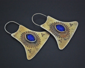 Ethnic Gilded Lapis Lazuli Earrings with Engravings