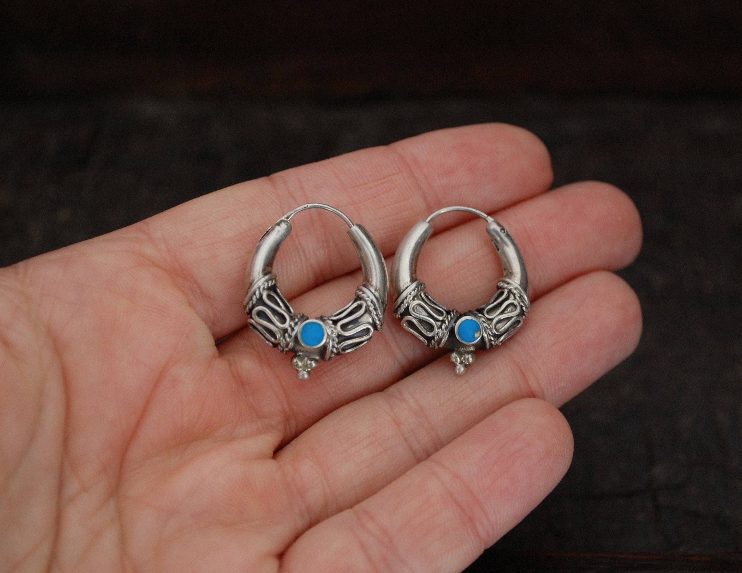 Bali Hoop Earrings with Turquoise - Small